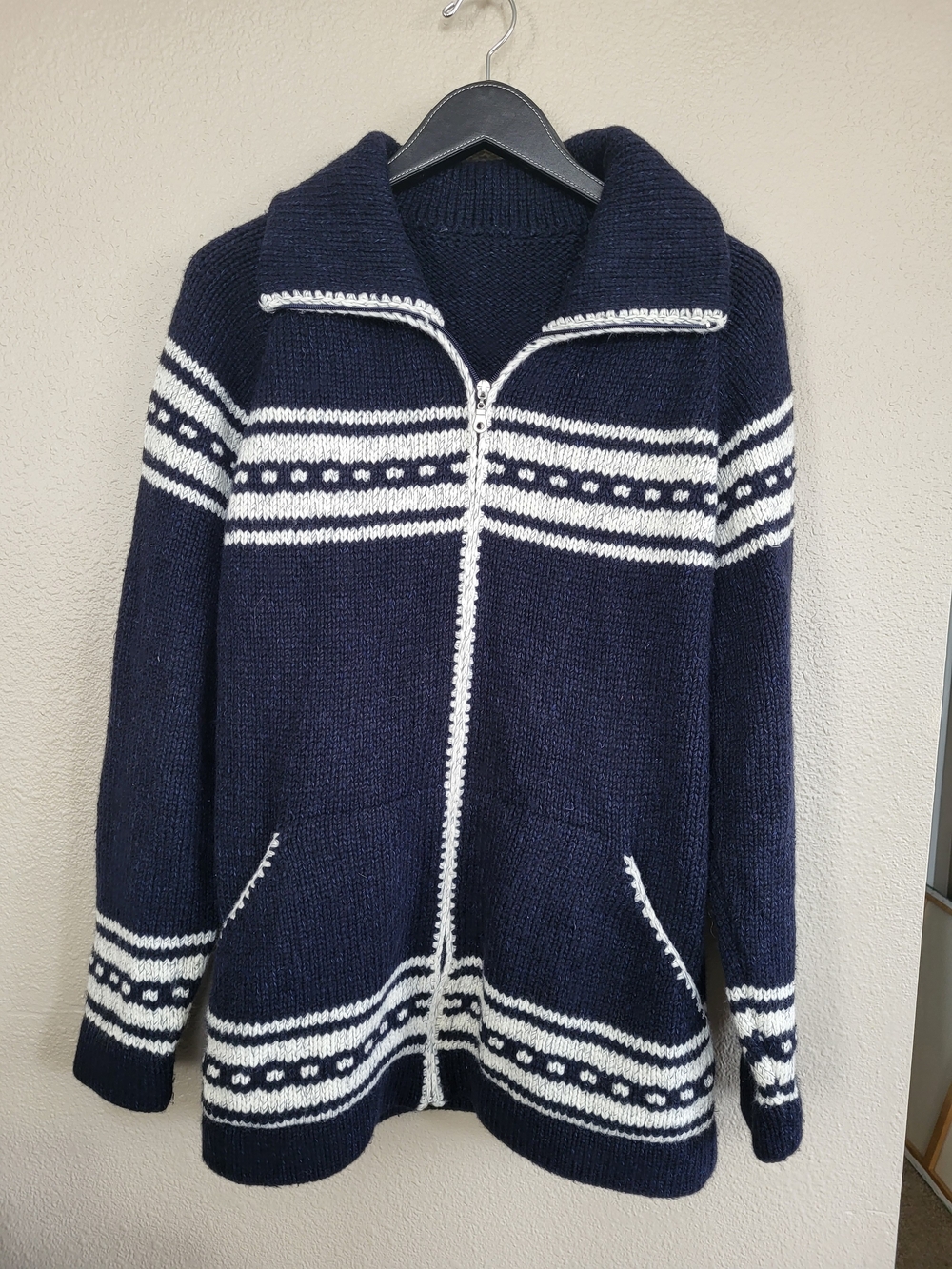 Nordic Cardigan Fold Collar Zip Front Pockets Navy & White XL  Women's Warm